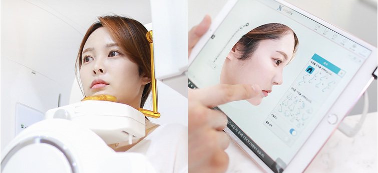3D CT 촬영 중인 여성과 크리살릭스 태블릿 화면